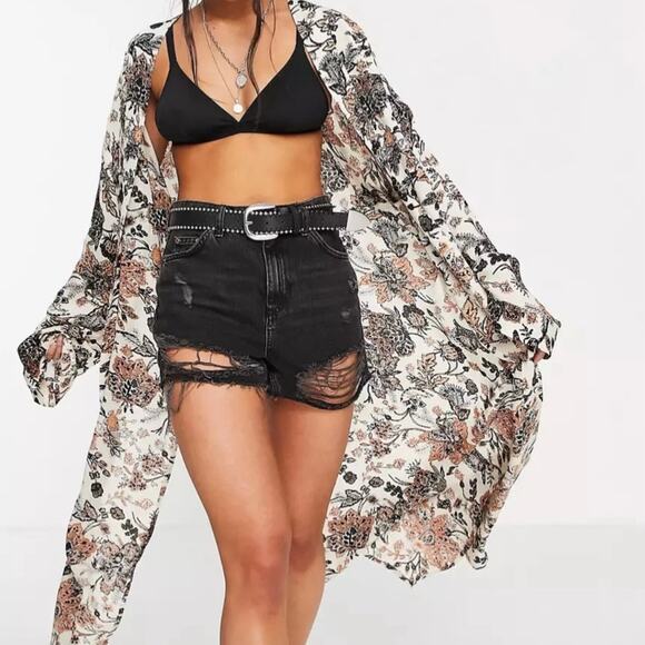 FREE PEOPLE Play It Cool Long Open Floral Kimono Ivory Crepe Sz M Boho Festival - Picture 4 of 11